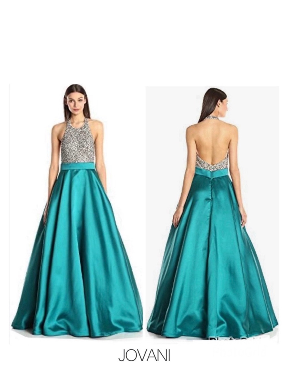 JOVANI Teal Beaded Sequins Halter Wedding Ball Gown Formal Evening Dress Sz 8